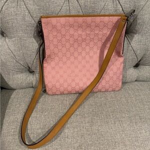 Gucci Pink GG Canvas Crossbody with Tan Leather Strap